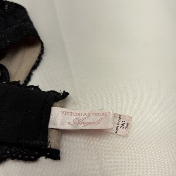 Victoria's Secret Angels Bra Black Lace Semi-Sheer Lightly Lined 34D - Picture 6 of 8